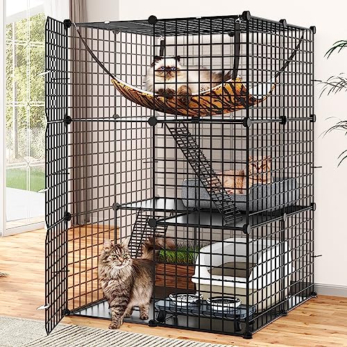 YITAHOME Metal Cat Cage Indoor: 3-Tiers DIY Kitten Enclosures Playpen Catio Kennels Pet Crate with Extra Large Hammock for Small Animals (Black) 28"L