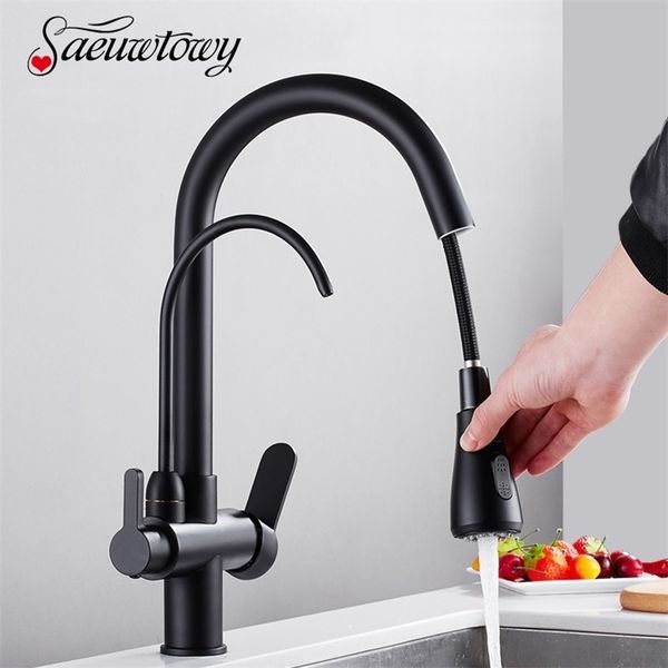Kitchen Faucets Filter Brushed Nickel Brass With Pure Water Pull Out Style Rotatble Cold Crane 221109