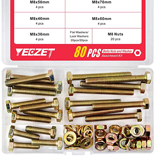 YEEZET 80Pcs Grade 8.8 M8 Hex Head Screws Bolts and Nuts Flat & Lock Washers Assortment Kit 30mm 40mm 50mm 60mm 70mm M8--20Sets Bolts and Nuts Kit