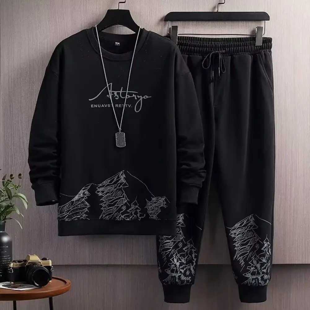 Printing Activewear Mountain Print Mens Casual Tracksuit Set with O-neck Sweatshirt Jogger Pants for Autumn Winter Wear Men Z250613