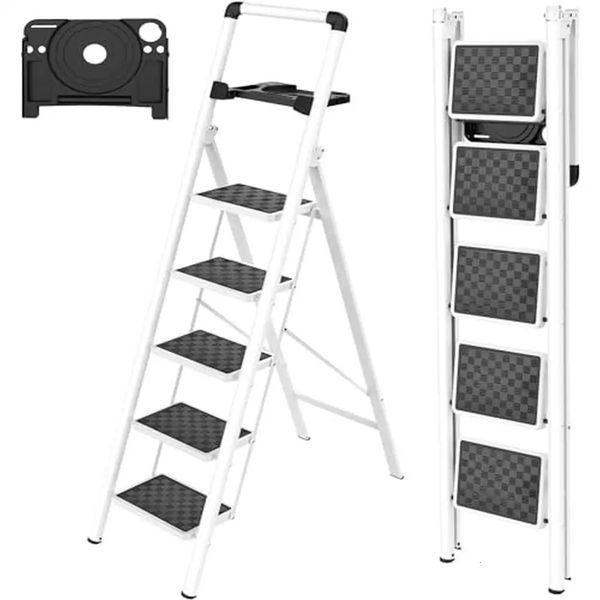 5-Step Folding Step Ladder With Tool Platform Portable Steel Stool Adults Home Garage Outdoor Kitchen Repair Tools Plant Stand