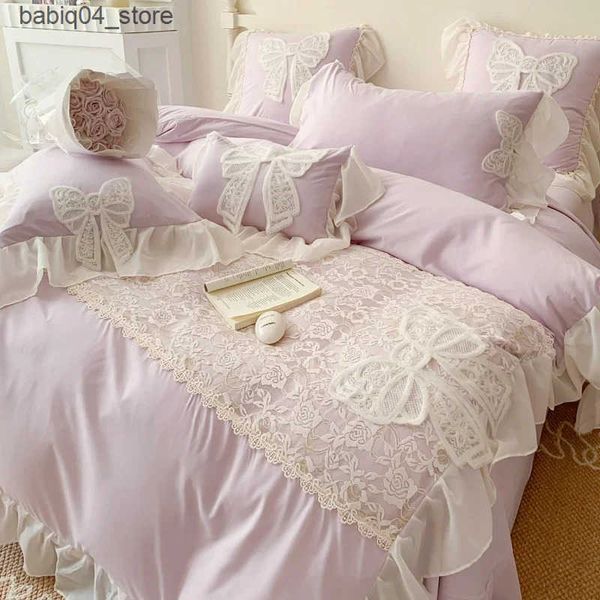 Bedding sets Korean Princess Wind Bedding Set Lace Bow Solid Color Beautiful Edge Lace Pleated Bedding Cover Luxury Girl Wedding Home Bed L2