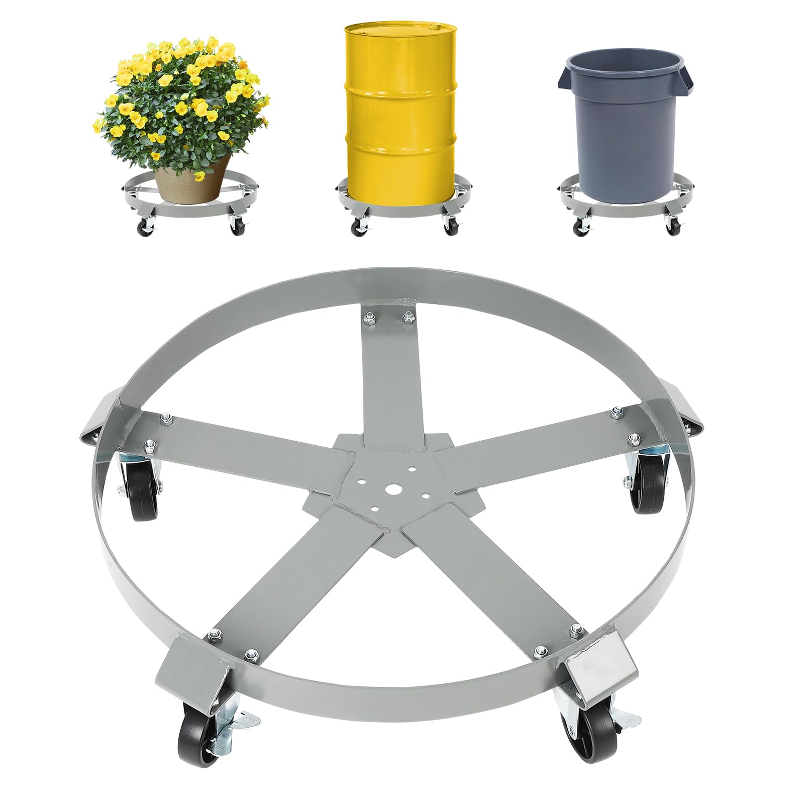 Garvee Drum Dolly - 67cm Outer Ring Diameter, 1250lbs Load Capacity, 55GAL, 3mm Plate Thickness, 3" Universal Wheels with Brakes