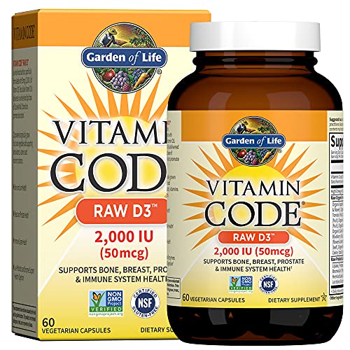 Garden of Life Vitamin D, Vitamin Code Raw D3, Vitamin D 2,000 IU, Raw Whole Food D3 Supplements with Chlorella, Fruit, Veggies & Probiotics for Bone