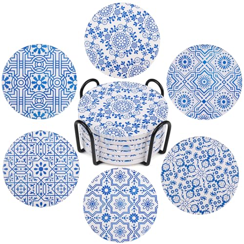Coasters with Holder,Blue and White Style Ceramic Drink Coaster, Absorbent Coaster Sets of 6 for Tabletop Protection,Suitable for Kinds of Cups,Cool H