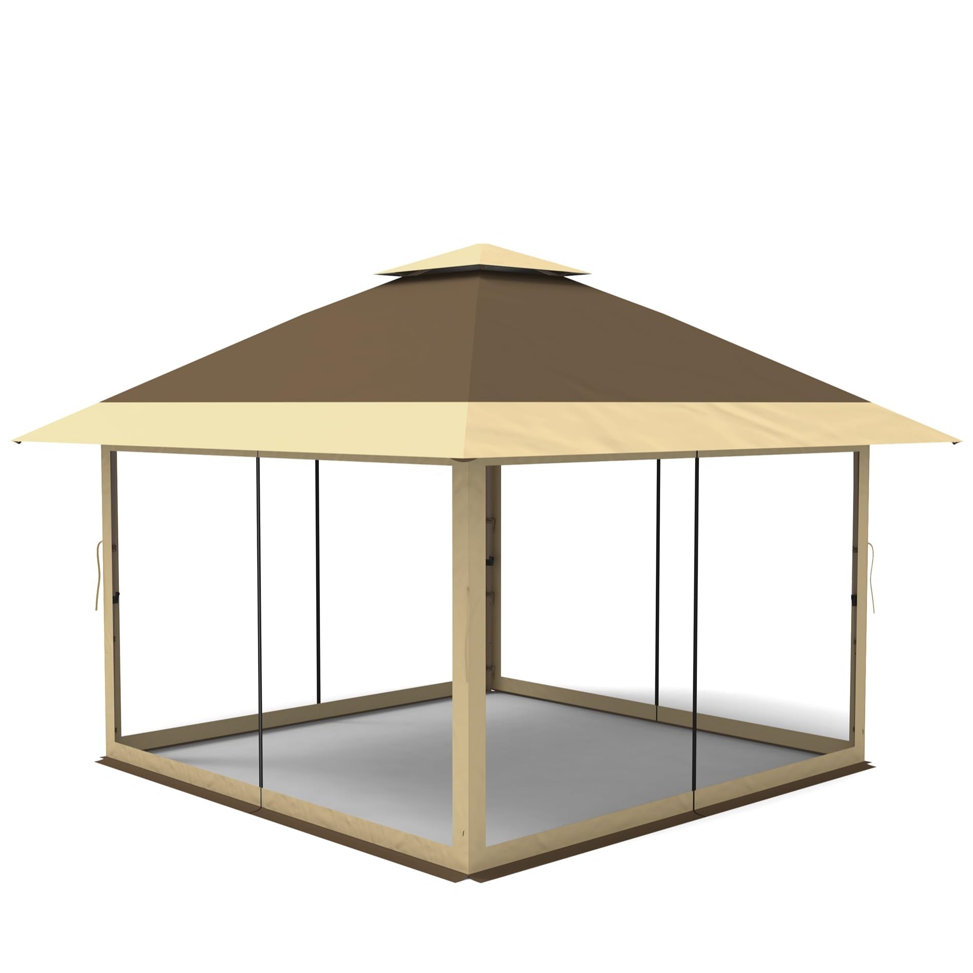 Garvee 12'x12' Heavy Duty Outdoor Gazebo - Double Roof Patio Canopy with Netting & Curtains for Deck, Backyard, Garden, Lawns, Khaki & Dark Khaki