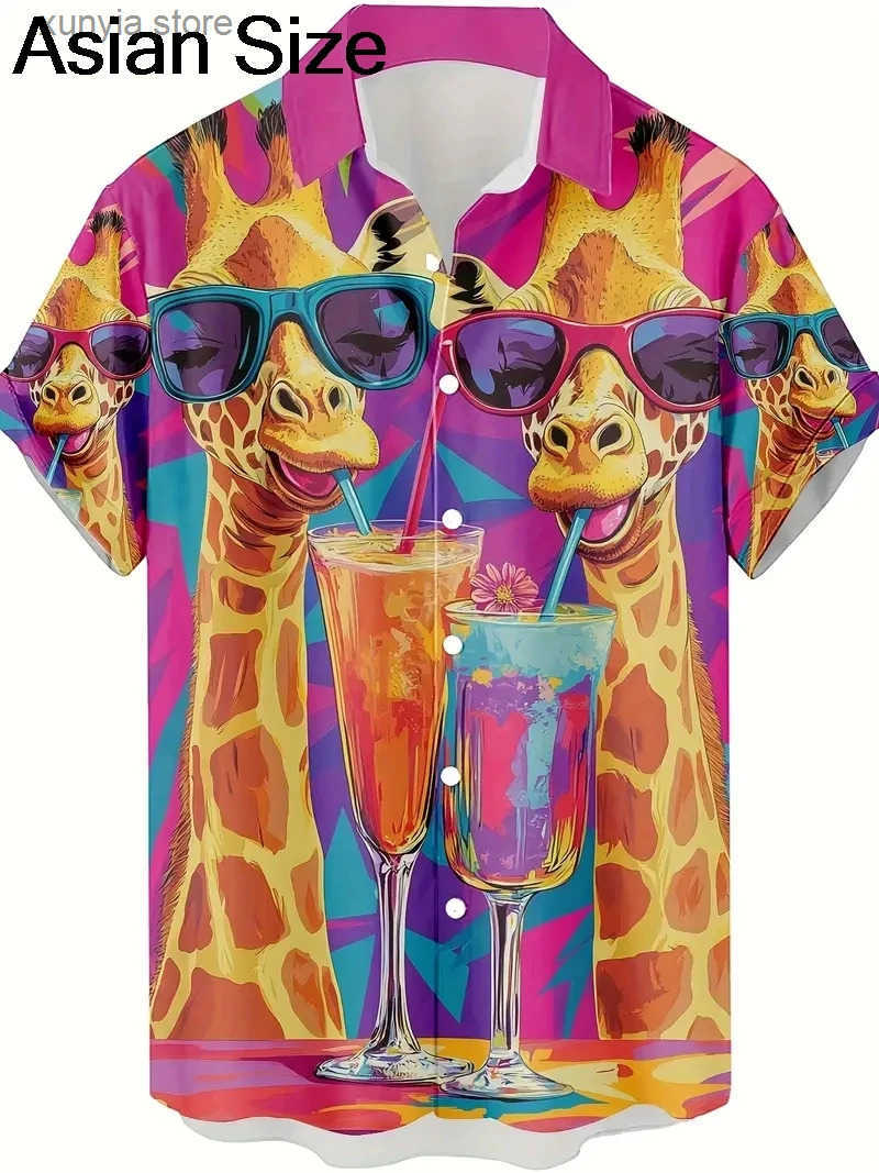Mens Fashion 3D Printed 2025 Casual Hawaiian Shirts Funny Monkey Giraffe Cat Graphic Blouses Short Slve Button Shirt Tops S250825P7RW