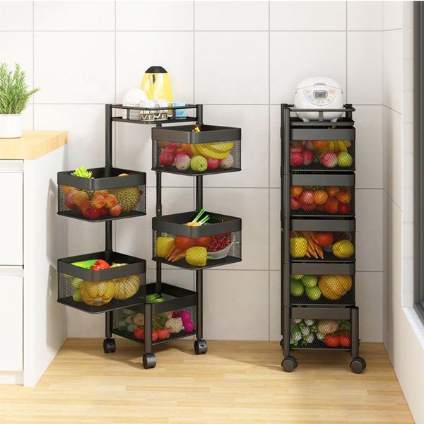 Storage Holders Racks Kitchen Rotatable Shelf 3 4 5 Layers Multilayer 360 Degree Carbon Steel Vegetable Fruit Basket Rack Trolley Cart 23032