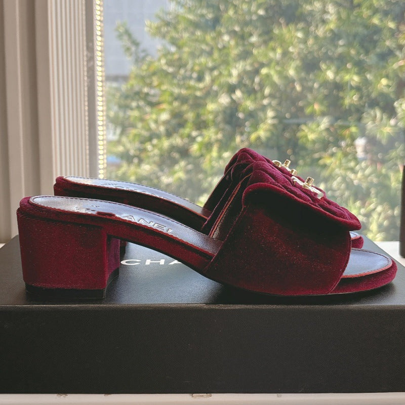 25S designer women sandals diamond quilted metal book bag buckle flat sandals velvet mid-heel slipper