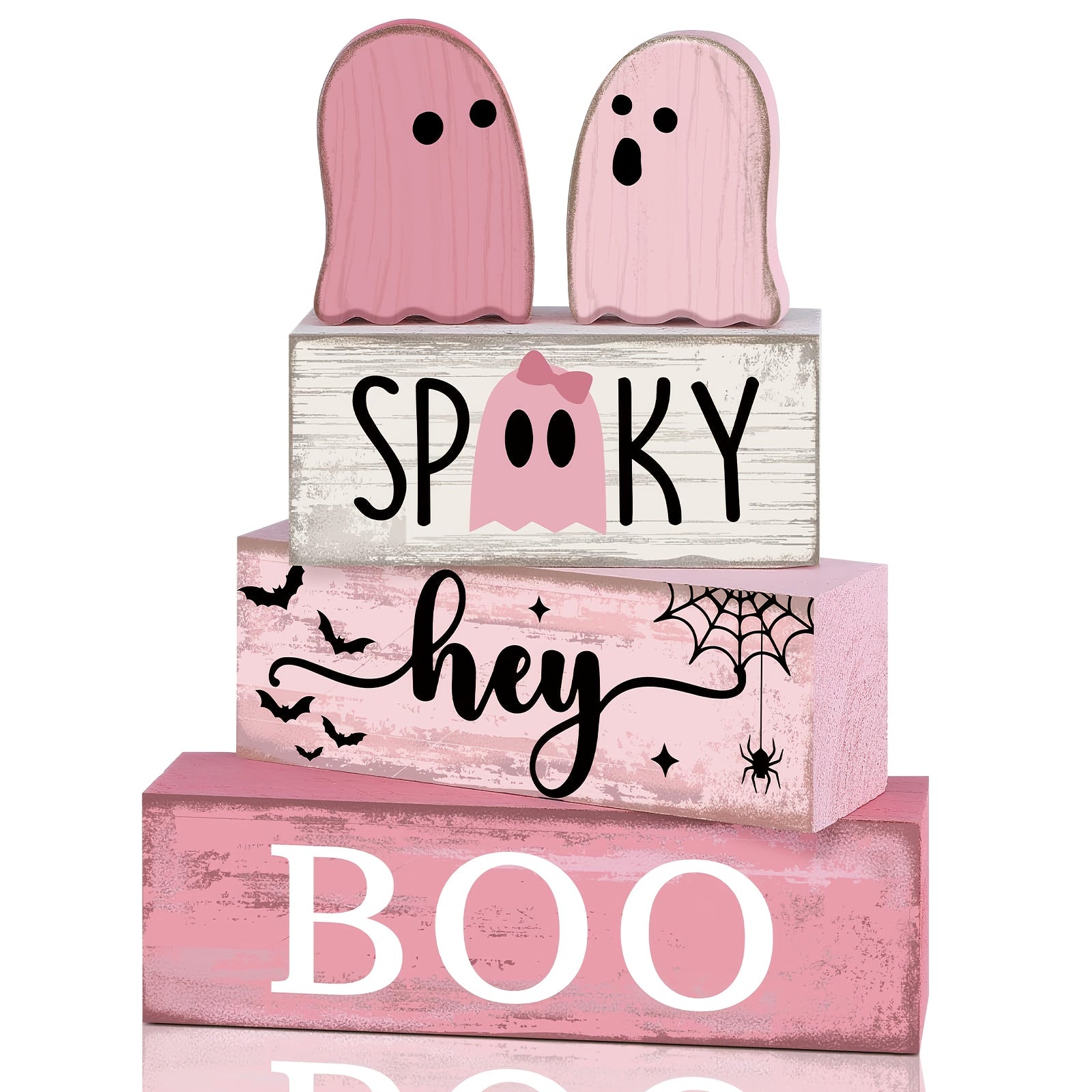 TEMU 4pcs Halloween Tiered Tray Decoration Set - Cute Pink Design, Wooden Signs - Rustic Spooky Tabletop Decor, Accessories, Halloween Table