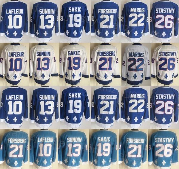 Man Vintage Hockey 26 Peter Stastny Jersey 10 Guy Lafleur 22 Marois 13 Mats Sundin 19 Joe Sakic 21 Peter Forsberg Retro Embroidery Classic C