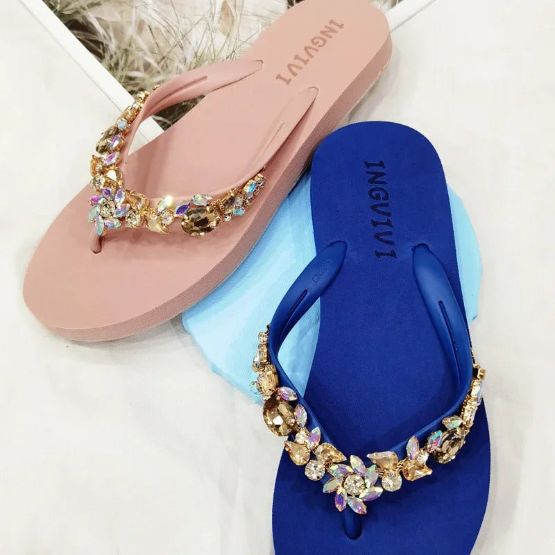 Slippers Women Glitter Flip Flops Summer Fashion Outdoor Rhinestone Chain Wedge Beach Slippers Jelly Hawaiian Flat Sandals 240618