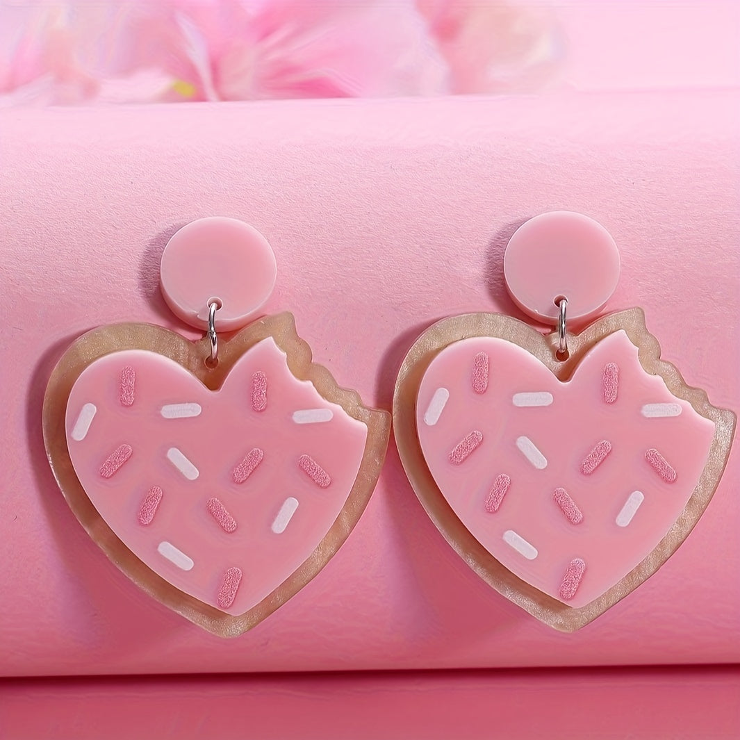 TEMU Heart Shape Cookie Design Dangle Earrings Cute Acrylic Jewelry Valentine's Day Gift For Lovers