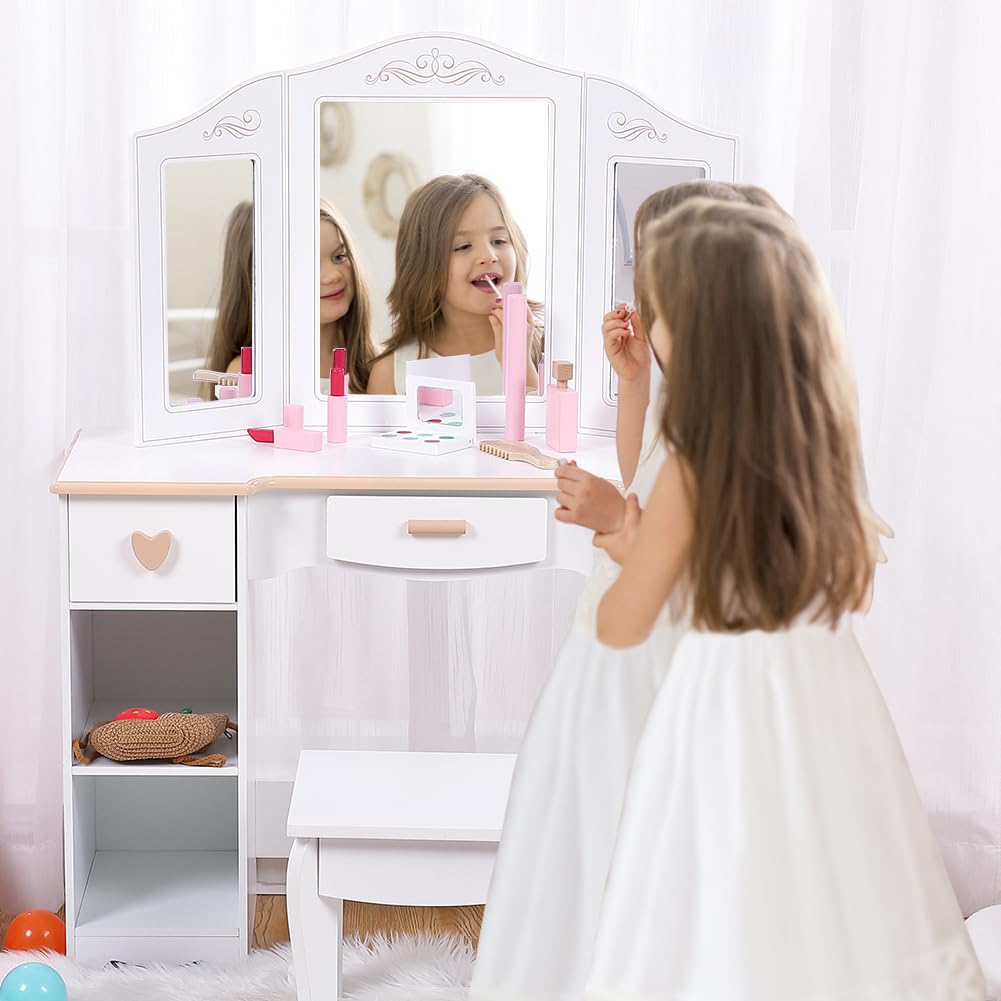 Garvee Princess Vanity Set for Toddlers - Kids Vanity with Mirror, Stool, and Wood Makeup Playset, White