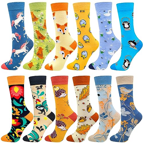 Fun Colorful Socks Patterned Funky Happy Crew Sock Combed Cotton Stockings Packs Large-X-Large 12 Pairs-animal Cock1212