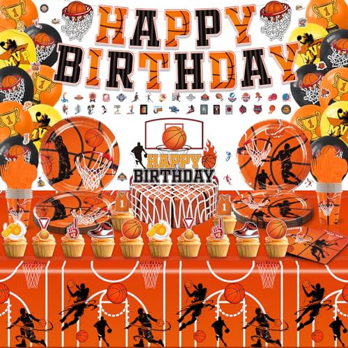 Basketball Party Decorations, Basketball Birthday Party Supplies Kit，Including Sport Themed Birthday Plates Tablecloth Napkin Banner Basketball Garl