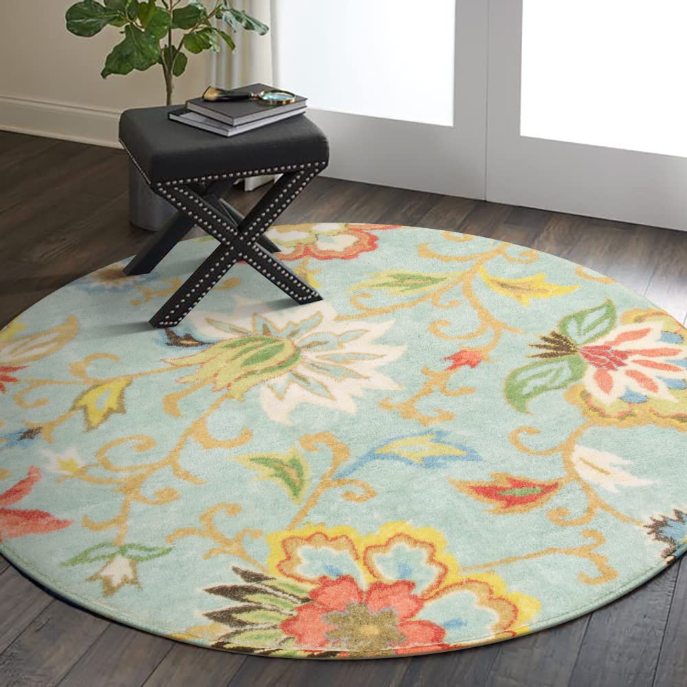 Lahome Collection Modern Floral Round Rug - 4' Diameter Non-Slip Distressed Area Rug Small Accent Throw Rugs Floor Carpet for Door Mat Entryway Bedroo