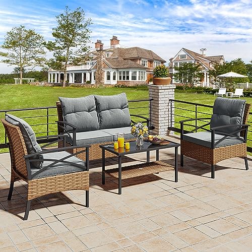 YITAHOME 4 Pieces Patio Furniture Set Outdoor Wicker Patio Conversation Set with Metal Table and Soft Cushions All-Weather Rattan Bistro Set with Love