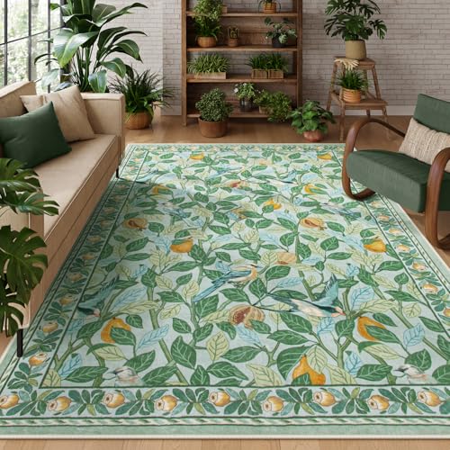 Moynesa Botanical Bird Washable Area Rugs 8x10, Ultra-Thin Soft Rugs for Living Room Bedroom, Stain Resistant Boho Leaf Rug Low-Pile Indoor Carpet for
