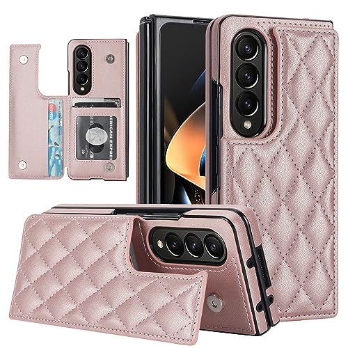 for Samsung Galaxy Z Fold 4 Wallet Case with Credit Card Holder, Fold Premium Diamond Leather Magnetic Clasp Kickstand Heavy Duty Protective Cover.(Ro