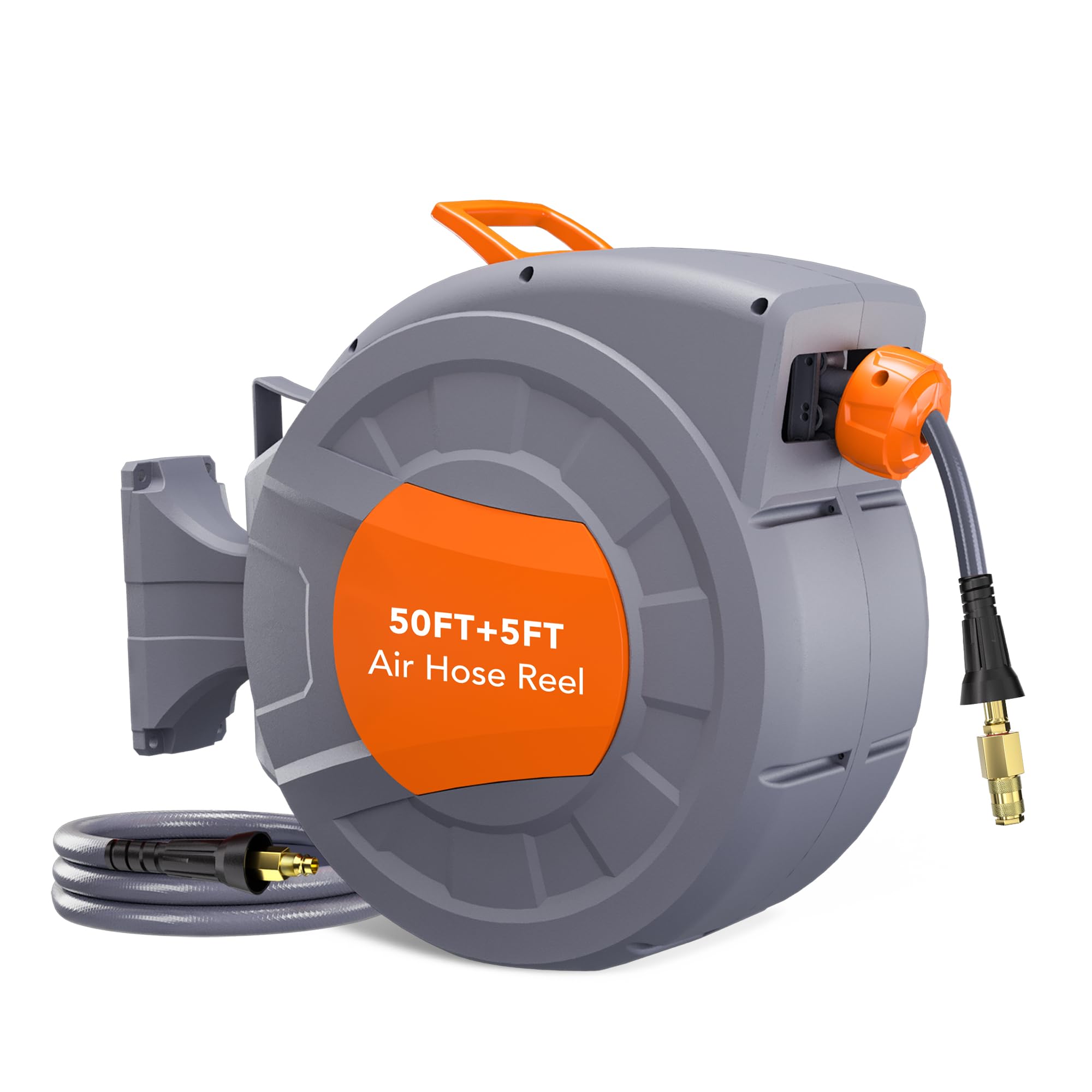 Garvee Retractable Air Hose Reel 50 FT x 3-8 IN with 5 FT Lead in Max 300 PSI, 180° Swivel Bracket Wall Mount Hybrid Air Compressor Hose Reel with Qui