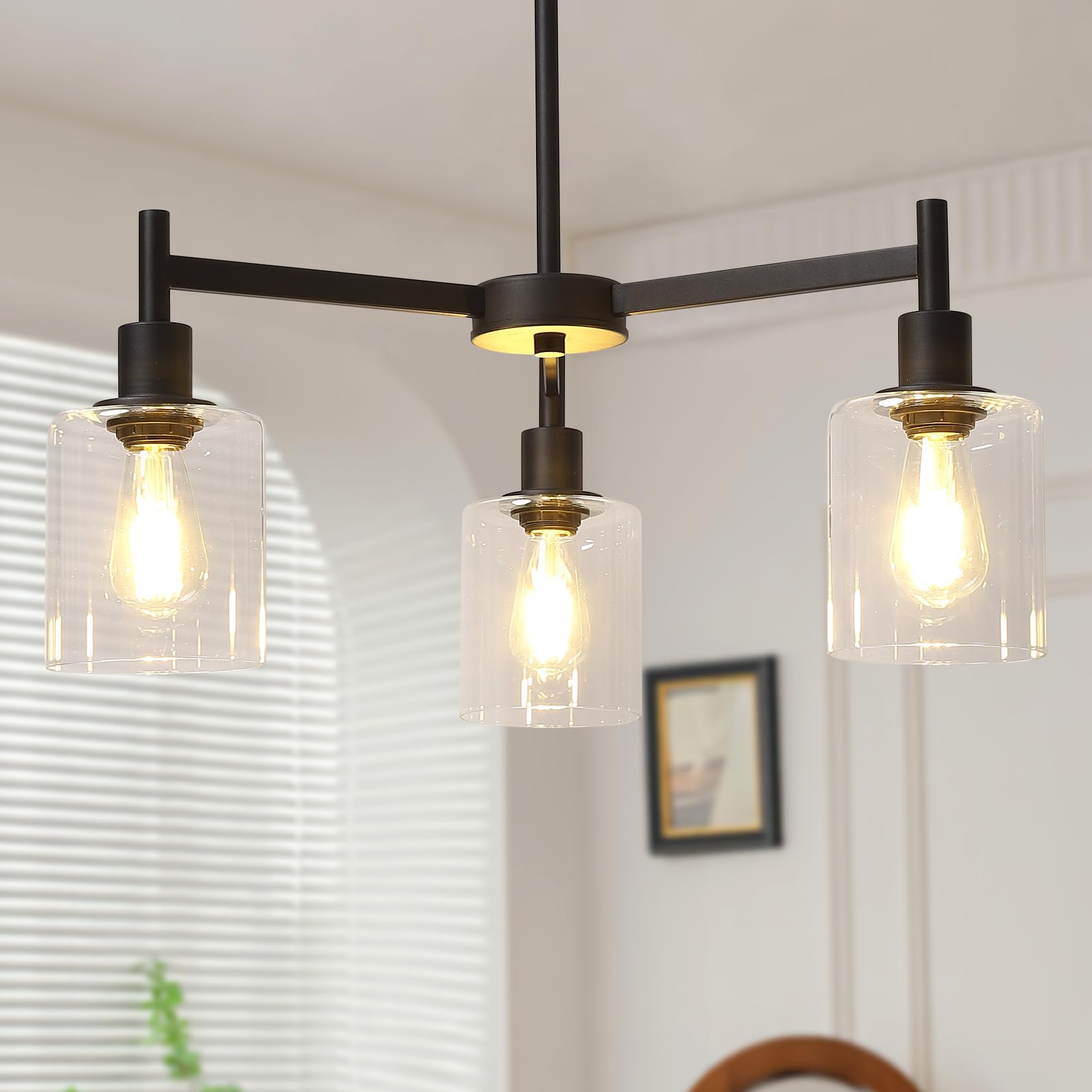 Garvee 3-Light Chandelier for Dining Room, Farmhouse Chandelier with Clear Glass, Height Adjustable Industrial Metal Hanging Fixture Pendant Ceiling L