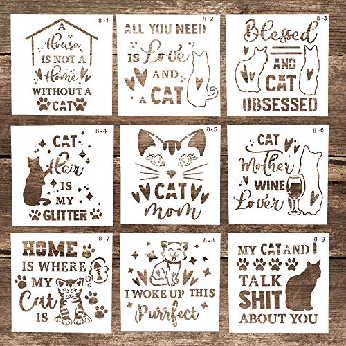DIY Decorative Reusable Letter Stencil Template for Crafts Scrabooking Painting on Cake,Cookie,Wood,Canvas,Floor,Wall (5.9 x 5.9 Inch), Set of 9 (Cat)