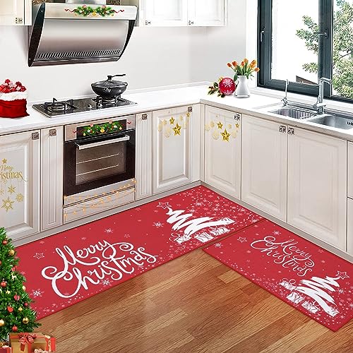 Garvee Christmas Kitchen Rug Xmas Holiday Christmas Tree Snowflake and Gift Kitchen Mat Sets 2 Pieces Non-Slip Doormat Area Runner Rug Set Floor Mat f