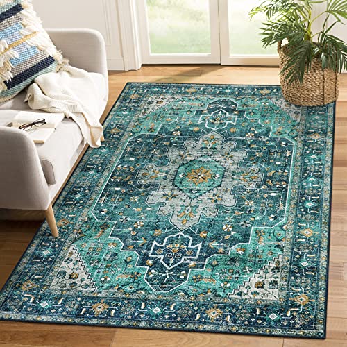 Moynesa Ultra-Thin Washable Area Rug - 4x6 Teal Living Room Rug Oriental Rugs for Bedroom, Non Slip Non Shedding Low Pile Entryway Carpet for Bedroom