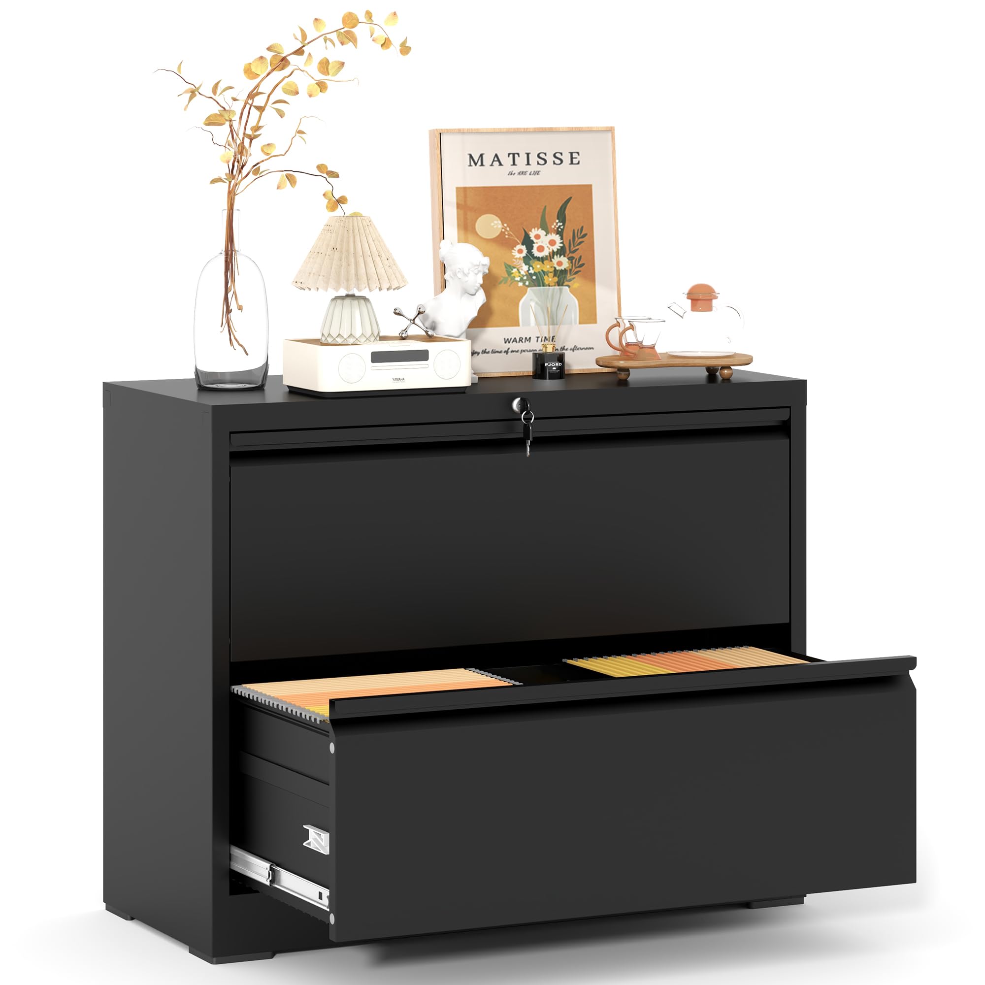 Garvee 2 Drawer File Cabinet with Lock, Metal Lateral Filing Cabinets for Letter-Legal Size Documents, Smooth Full-Extension Slides, Durable File Stor