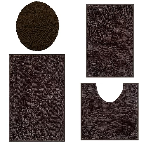 Bathroom Rugs Sets 4 Piece, Extra Soft Absorbent Chenille Bath Rugs, Non Slip Rubber Backing Machine Washable Quick Dry Bath Mats for Bathroom Floor,