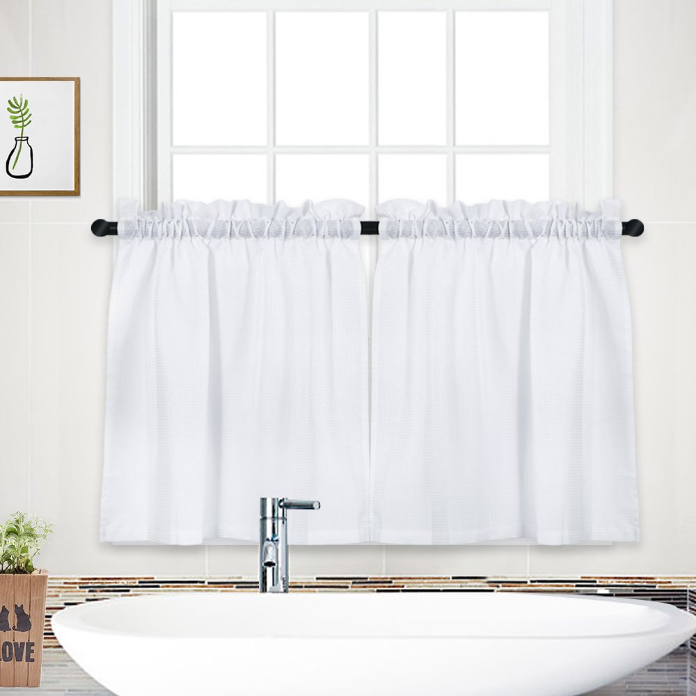 Garvee Tier Curtains, Waffle Weave Textured Short Curtain for Bathroom Waterproof Window Covering Kitchen Cafe Curtains - 30" x 24", White, Set of 2