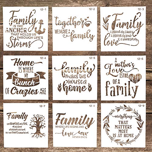 DIY Decorative Reusable Letter Stencil Template for Crafts Scrabooking Painting on Cake,Cookie,Wood,Canvas,Floor,Wall (5.9 x 5.9 Inch), Set of 9 (Fami