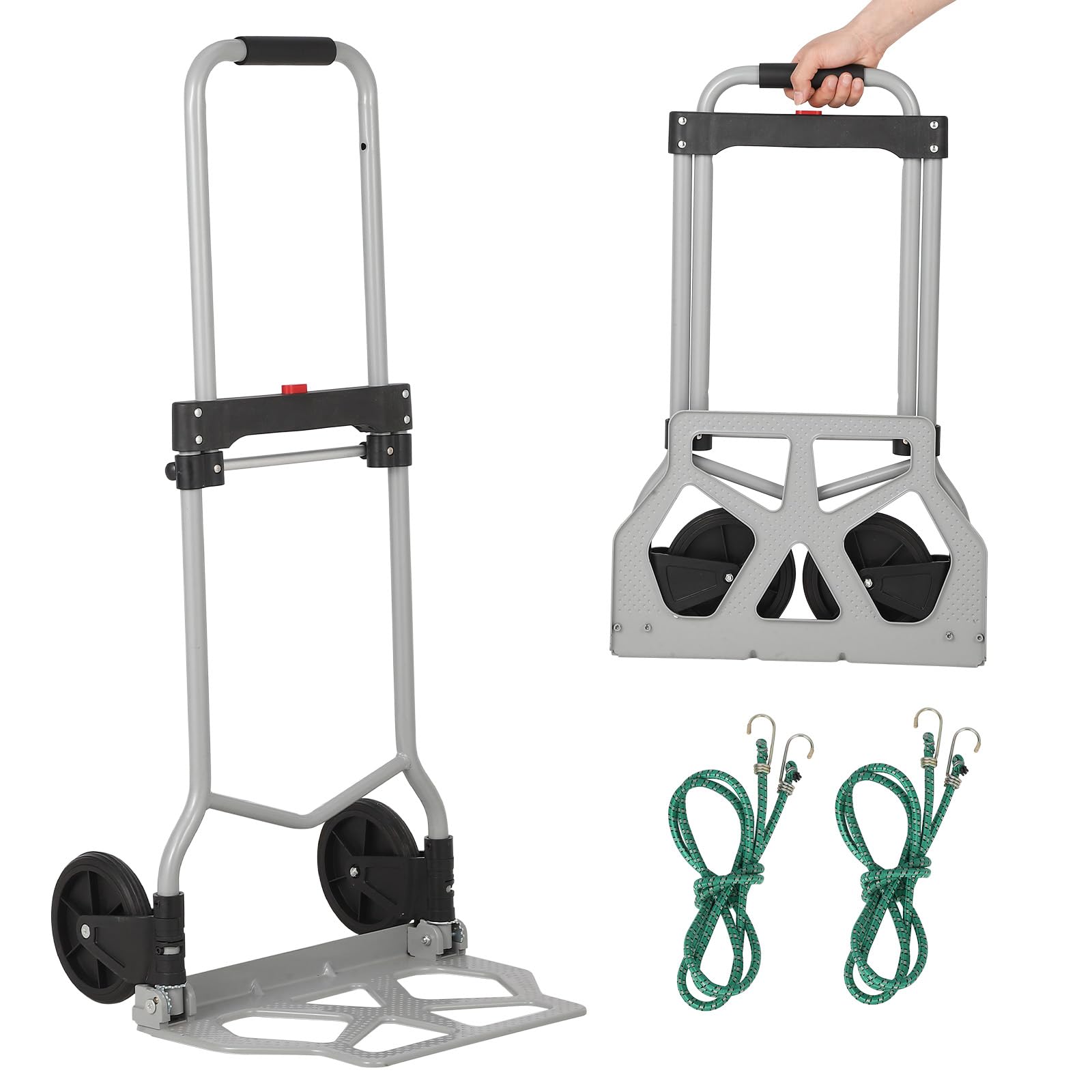 Garvee Folding Hand Truck Portable Foldable Dolly Cart, Lightweight Portable Folding Dolly Cart, 180lbs Capacity, with Bungee Cord, Silent Wheels, Tel