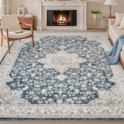 Washable Area Rug 5x7 - Rugs for Living Room Bedroom Non Slip Low Pile Floor Carpet Ultra Soft Vintage Rug for Dining Room Playroom Home Indoor Blue 5