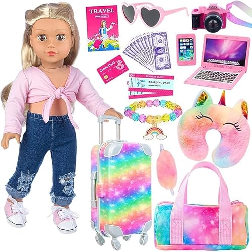 ZITA ELEMENT 23 PCS 18 Inch Girl Doll Accessories Suitcase Luggage Travel Set NO Doll Included Including Rainbow Suitcase Rainbow Bag Camera Computer