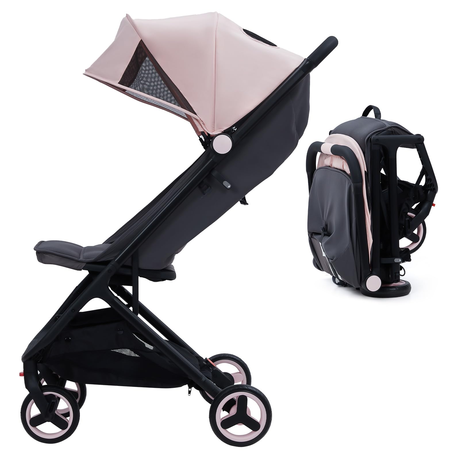 Garvee Lightweight Compact Stroller, One Hand Fold, Airplane Friendly, Reclining Seat, Canopy, Smooth Suspension, Travel Ready, Pink, Ideal for Travel