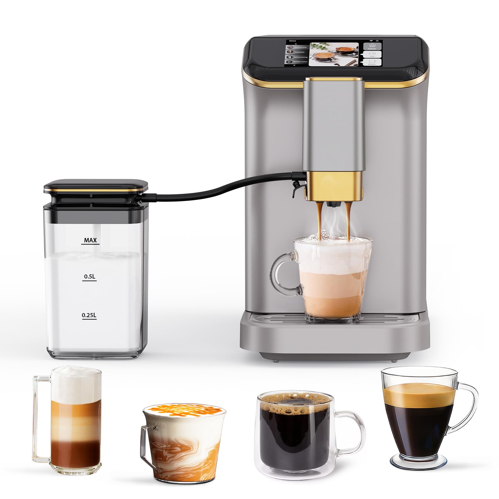 Garvee Automatic Espresso Machine, Coffee Machine with Grinder, Espresso Maker with Automatic Milk Frother, 20 Bar Latte Machine, TFT Touch Screen for