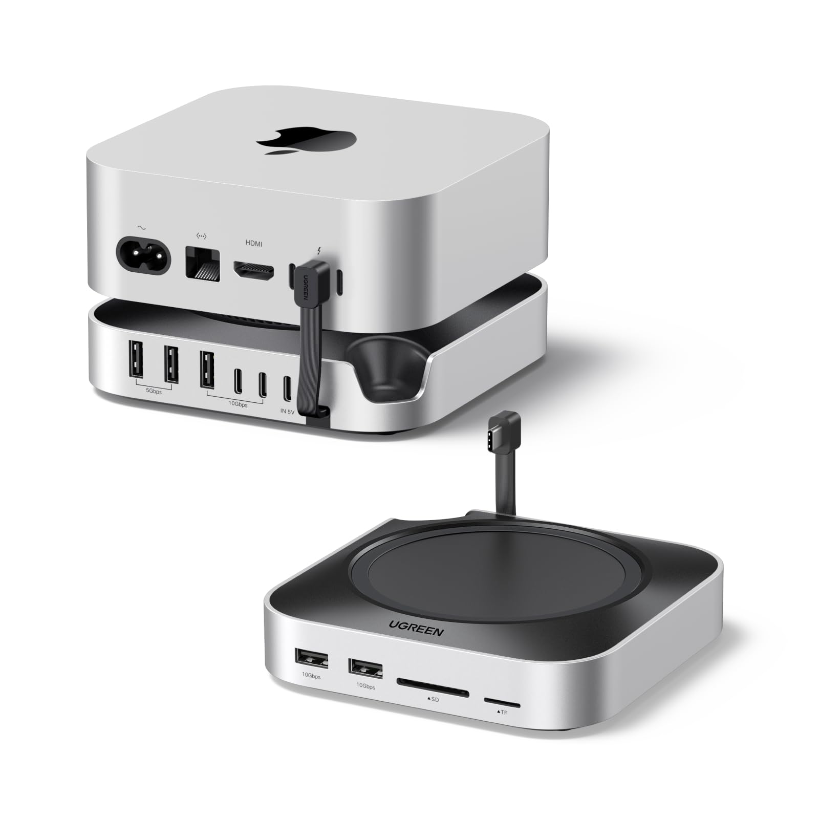 UGREEN Dock & Stand for Mac mini M4- M4 Pro with NVMe SSD Enclosure, 3 USB A 10Gbps, USB C Data Port, SD Card Reader, Silver