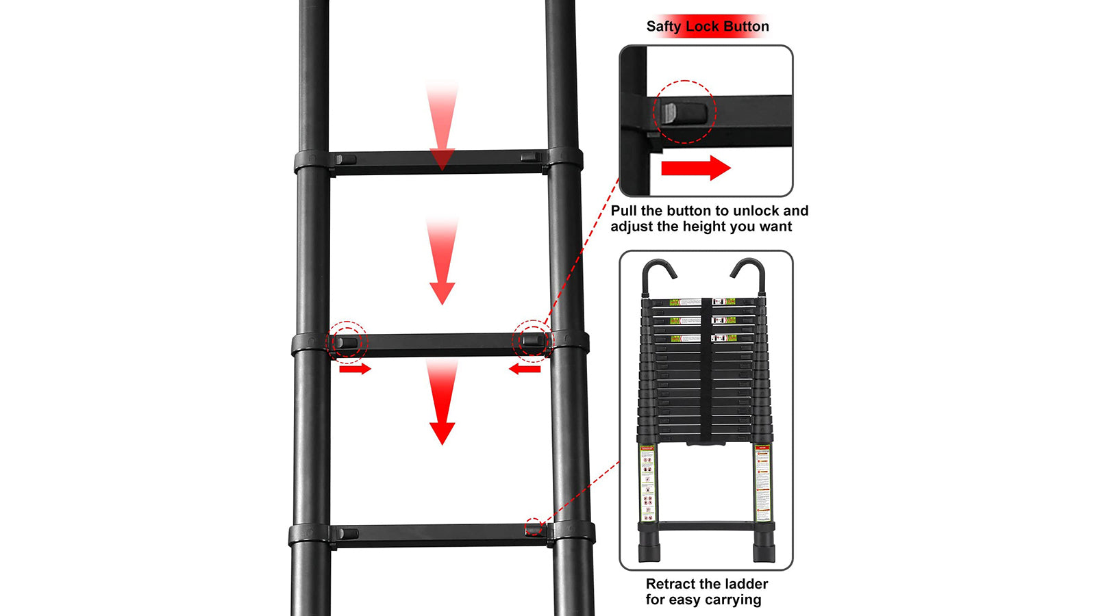 KERDOM FelixKing 10.5FT Aluminum Telescopic Ladder: Non-Slip Feet Black - 5m-16.5FT