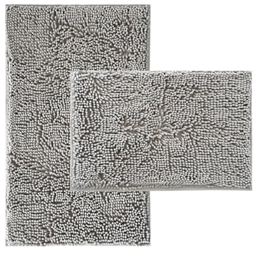 Bathroom Rugs Sets 2 Piece Plush Chenille Bath Rugs Non-Slip Bath Mats Absorbent Shaggy Rugs,Bathtub Mat, Gray Pet Dog Mats,Washable Bathroom Carpet f