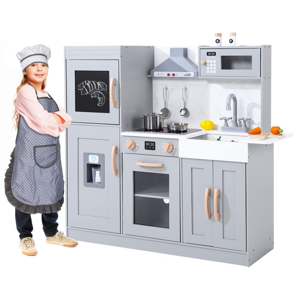 Garvee Kids Wooden Upright Kitchen Playset with Accessories Pretend Play Kitchen Toys, 39.8" x 11.6" x 5.8", Gray