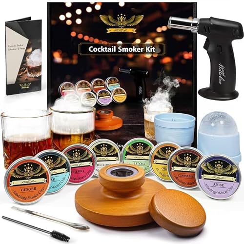 Cocktail Smoker Kit with Torch - 2 Whiskey Glasses 2 Ice Ball Molds 8 Flavor Orange Cinnamon Ginger Anise Wood Chips for Whiskey & Bourbon, Old Fashio
