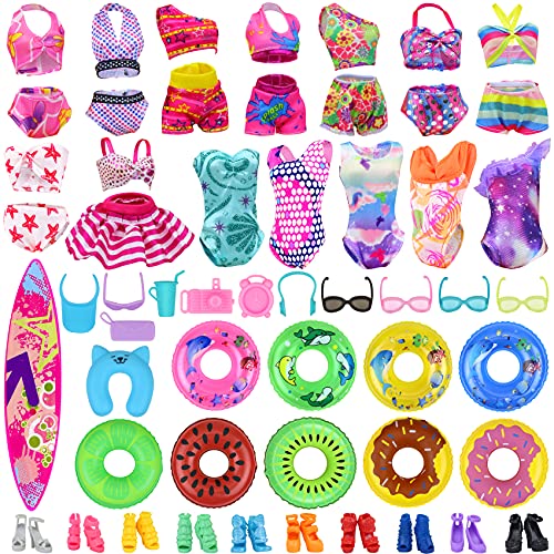 Ecore Fun 35 PCS Doll Clothes Swimwear Beach Bathing Kit Including 10 Bikini Swimsuit 2 Swimming Ring 4 Fashion Glasses 10 Pairs Shoes 1 Surf Skateboa