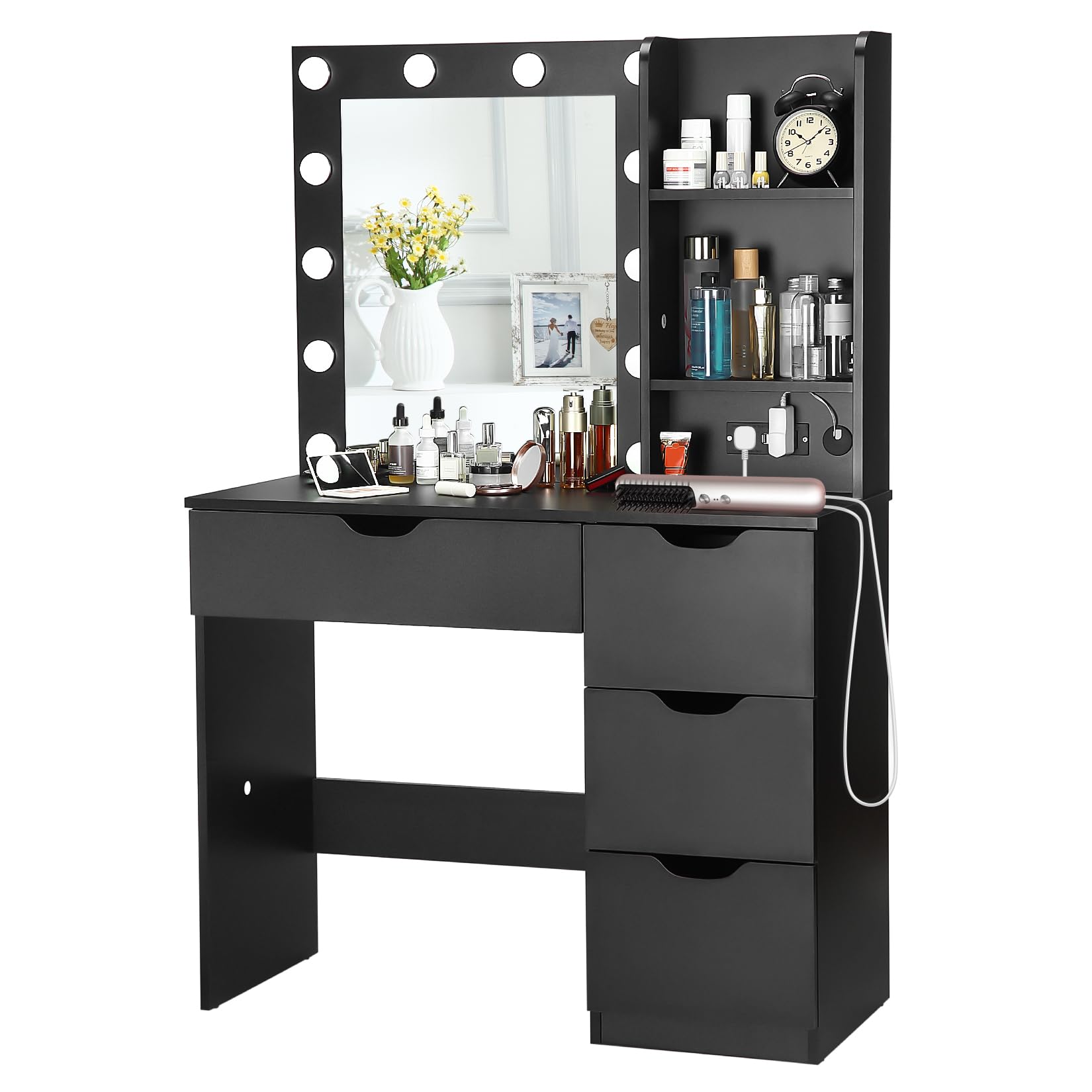 Garvee Modern Vanity Makeup Desk with Vanity Mirror, Built-in Lights, 4 Drawers, Crystal Ball Knobs, Power Outlet, White Makeup Desk for Bedroom