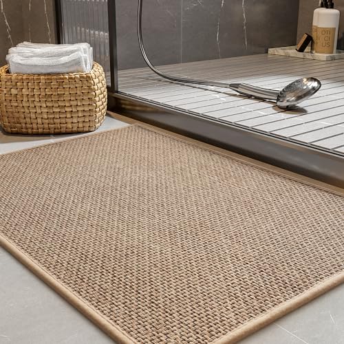 PADOOR Non-Slip Bath-Mats, Rubber-Backing Braided Absorbent Bathroom Mat, Machine Washable Thin Bathroom Rugs, Fit Under Door, Quick Dry, 24''x35'' Be