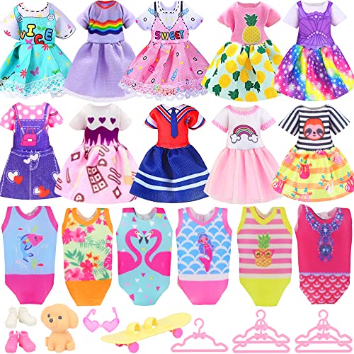 ZITA ELEMENT 16 Pcs 5.3 Inch - 6 Inch Girl Doll Clothes and Accessories - 3 Dresses, 3 Swimsuits, 2 Shoes, 5 Outfits Hangers, 1 Skateboard, 1 Glasses