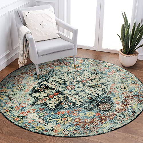 Lahome Bohemian Floral Medallion Round Rug - 3Ft Small Bedroom Round Area Rug Soft Bathroom Circle Mat, Teal Vintage Non Slip Machine Washable Entrywa
