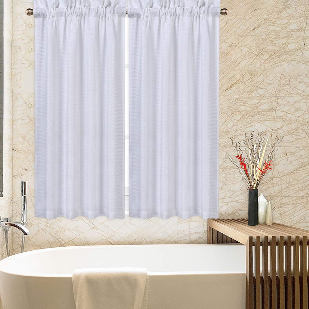 Garvee Cafe Curtains 45 Inch Length, Waffle Woven Textured Tier Curtains for Kitchen Cafe Bathroom Window Curtains, White