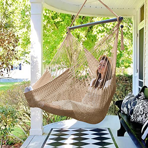 Bathonly Large Hammock Chair with Spreader Bar, Caribbean Hammock Swing Chair, XL Hammock Chair Outdoor Indoor, 330 LBS Weight Capacity, Light Brown